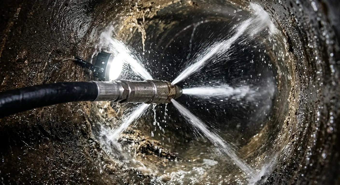 High-pressure hydro jetting nozzle cleaning sewer pipe for Sewer Cleanout in Pleasant Garden