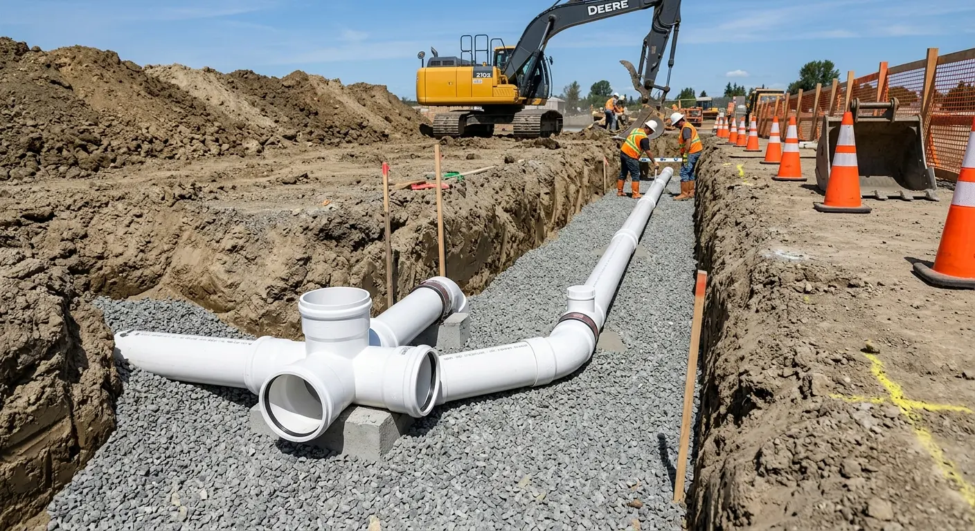 New PVC sewer pipe installation in open trench for Commercial Drain Cleaning in Pleasant Garden