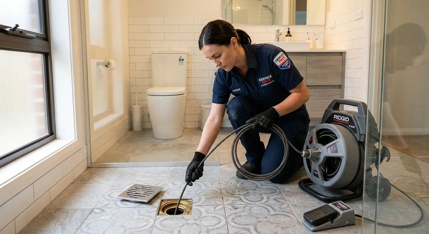 Technician clearing a bathroom floor drain for Sewer Line Replacement in Pleasant Garden